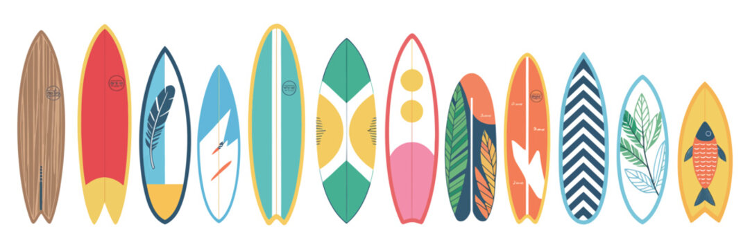 Set of Surfboards with Bright Pattern Designs and Colorful Surfing Board Collection Featuring Modern Tropical and Abstract Styles