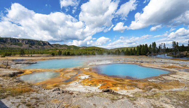 Black Opal Pool, Hot Spring, Yellow Algae and Mineral Deposits, Biscuit Basin, Yellowstone National Park, Wyoming, USA