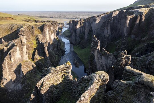 Aerial view of Fja&eth;r&aacute;rglj&uacute;fur Canyon, deep gorge, tufa rock, near Kirkjubaer on the south coast, South Iceland, Iceland