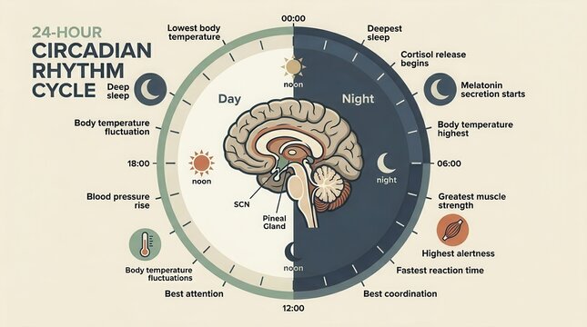 Visual representation of the 24-hour circadian rhythm illustrating hormone and body temperature patterns