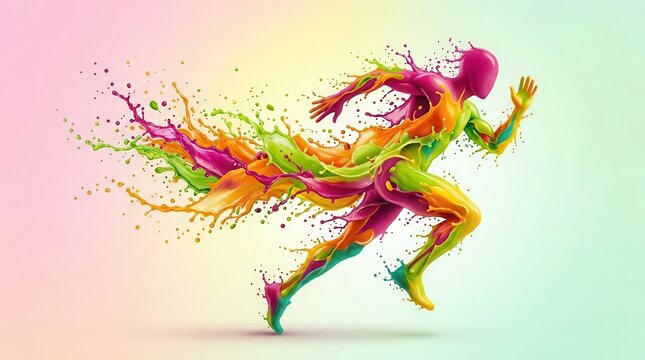 An energetic running silhouette composed of colorful fruit splashes for active sport and vitality themes.