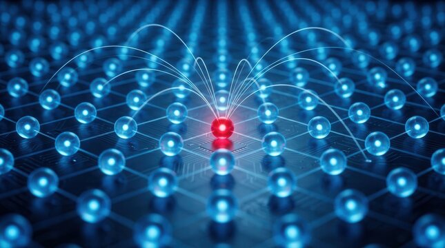Digital ledger network showing an anomaly alert and fraud detection on a blue interconnected data grid.