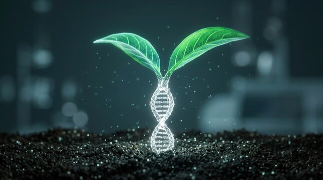 Gene editing and plant biotechnology concept featuring a seedling shaped like a DNA helix.