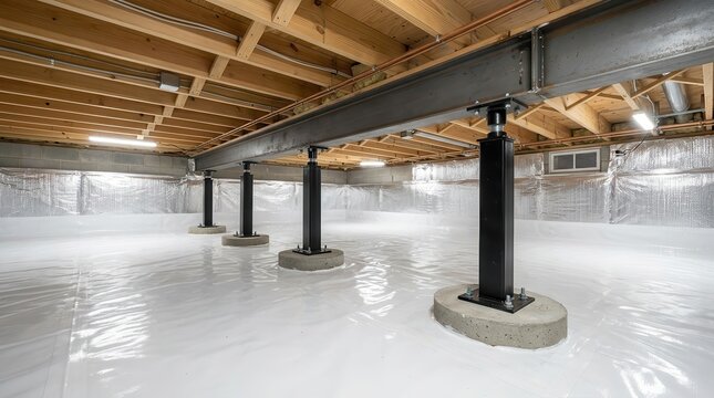 Foundation repair showing steel support beams, structural reinforcement, and crawl space stabilization.