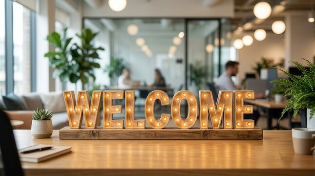 Friendly onboarding concept with a lighted welcome sign in a professional modern office environment.