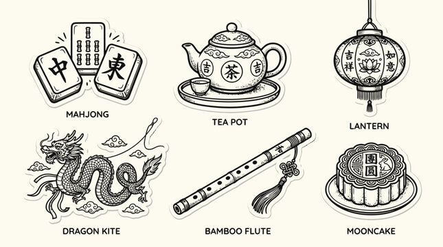 Set of Chinese Cultural Elements including Mahjong, Tea Pot, Lantern and more on isolated white background