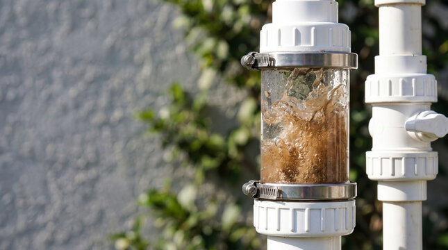Transparent sight glass on pool filtration system showing dirty water flowing through pipe. Concept of pool maintenance, debris removal, water sanitation, and equipment repair.
