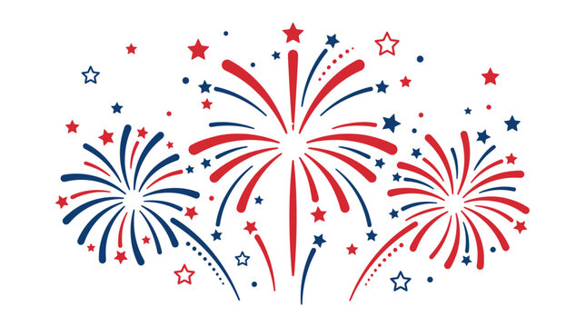 Exploding red and blue fireworks with patriotic stars.