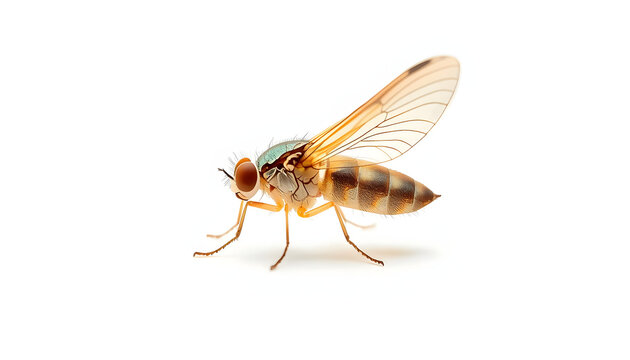Macro Photo of Drosophila Showing Transparent Wings and Striped Abdomen