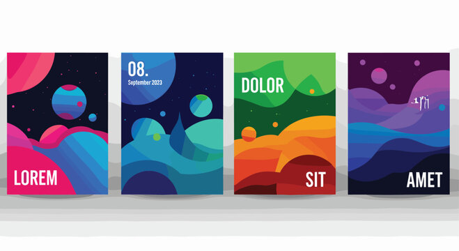 Abstract colorful posters geometric planets landscape waves gradient modern design vibrant composition creative layout flat vector illustration