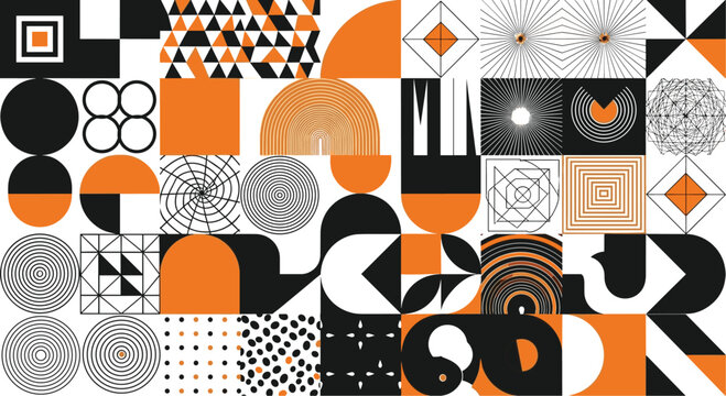 Abstract geometric pattern grid with black white orange shapes concentric circles triangles squares optical illusion vector illustration design - flat vector illustration,