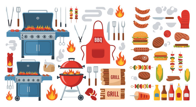 Barbecue grill collection with gas charcoal apron utensils sausages burgers steaks corn condiments flames vector illustration design