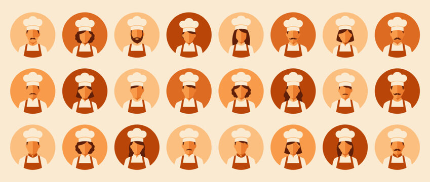 Diverse group of professional chef avatars in uniform with various appearances