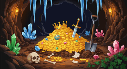 Discover a hidden treasure hoard in this enchanting vector illustration, complete with sparkling gems and a regal crown © PDWN Creative