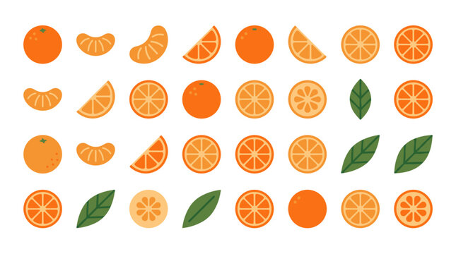 Vibrant Citrus Fruit Collection: Whole Slice Section and Leaf Icons Set