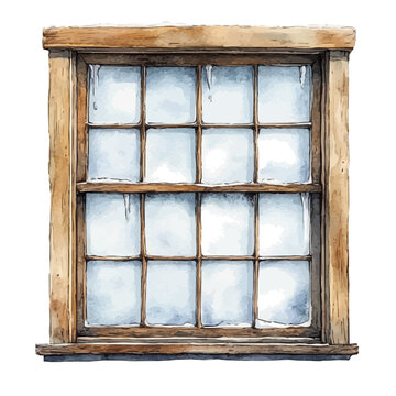 Frosty Window Pane, graceful vector watercolor painting with soft flowing strokes and subtle highlights, isolated on a white background.