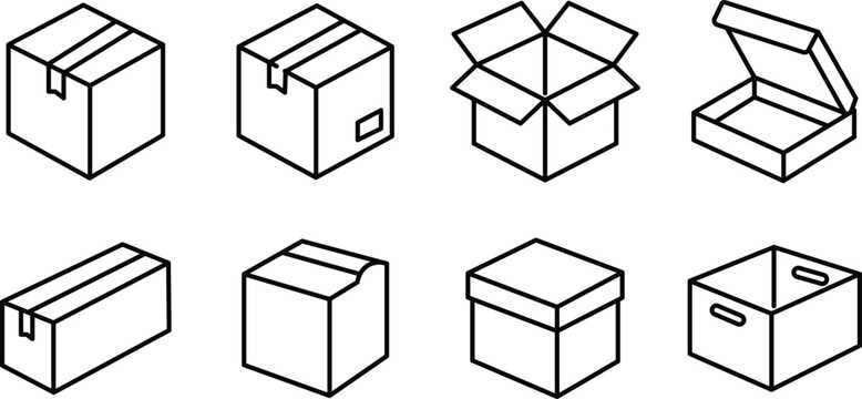 Cardboard package box outline icon set, Shipping container and storage carton symbols, Delivery box collection