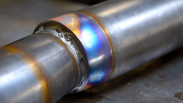 Close-up view of a metal pipe with a visible weld seam, showcasing colorful heat treatment effects, industrial craftsmanship and precise fabrication