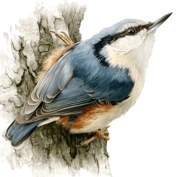 A stunning Eurasian nuthatch with blue gray feathers clings to rough bark of a tree trunk illustrated in watercolor style and detail.