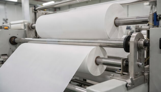 Medium shot capturing tissue parent rolls in the process of careful slitting and rewinding emphasizing smooth machine movement and delicate material texture in a hygienic