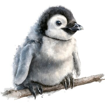 Adorable emperor penguin chick with soft fluffy down sits perched on a twig branch in a watercolor illustration style painting artwork.