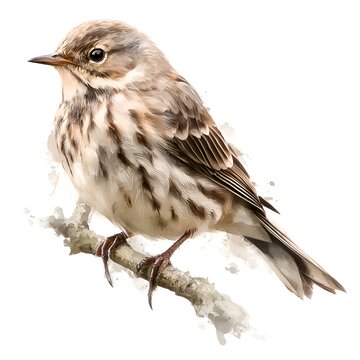 A digitally painted olive tree pipit with brown and white plumage perches gracefully on a small branch against a clean white background.