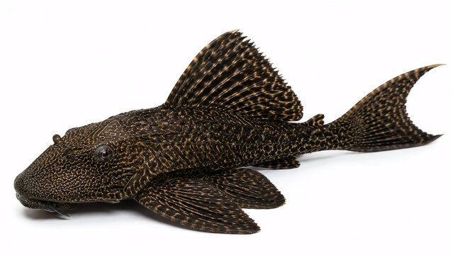 Realistic Hypostomus plecostomus isolated on white background, detailed armored freshwater fish with dark brown patterned body, Armored catfish or pleco fish isolated on white background.