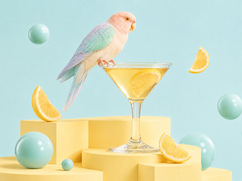 3D pastel bird perched on a cocktail glass with lemon slices.