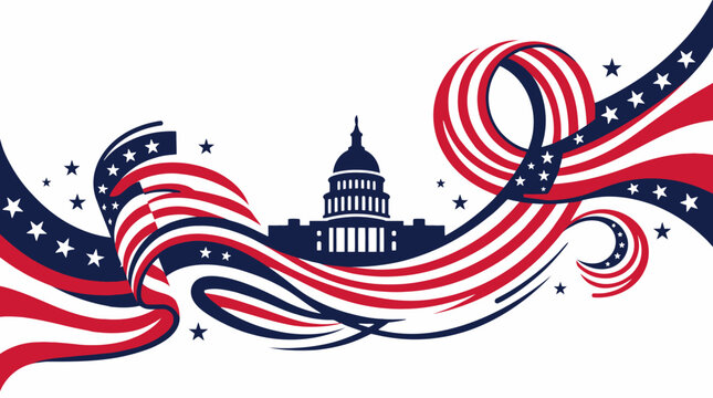 Patriotic ribbons and US Capitol silhouette on white background.