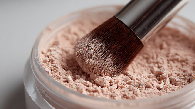 Beauty brush gently dip into natural face powder, creating a soft cloud of cosmetic dust; a calm, clean, macro shot highlight makeup preparation
