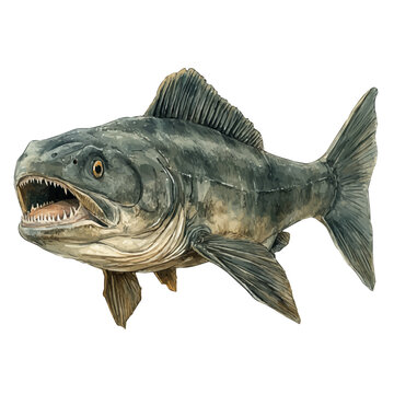 watercolor of Dunkleosteus, hand-drawn, isolated on a white background.