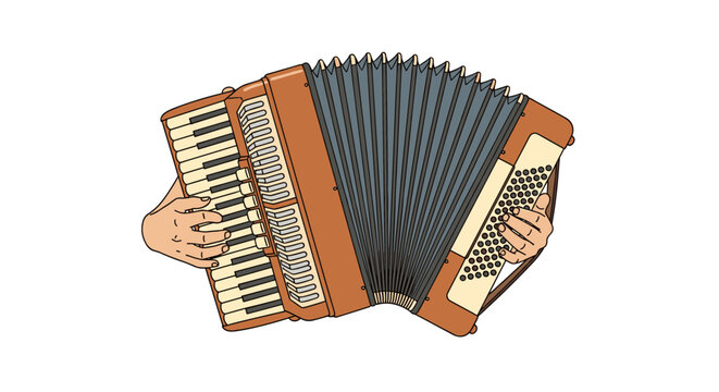 Hands playing a vintage accordion with bellows extended on a white background