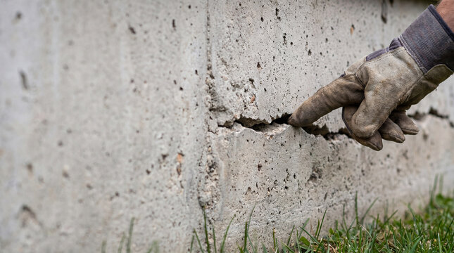 Man pointing at crack in foundation wall. Construction worker inspecting damaged concrete structure. Building maintenance and structural engineering problem. Repair and home renovation service.