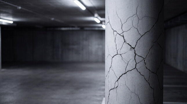 Cracked concrete column in dark parking garage. Structural damage to industrial building pillar. Dangerous infrastructure decay, foundation risk and construction failure concept.