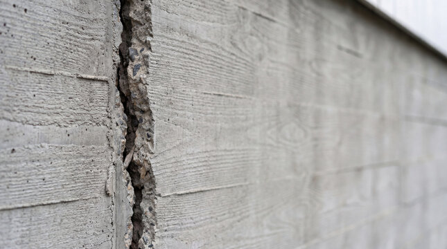 Deep vertical crack in gray concrete wall background. Structural damage of building foundation or fence surface. Concept of decay, broken construction, earthquake hazard and ruin.