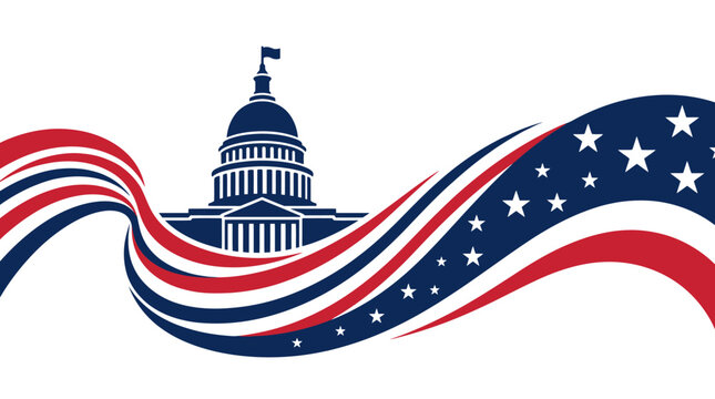 United States Capitol silhouette with flowing stars and stripes.