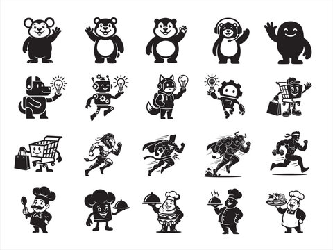A collection of black and white cartoon characters in various poses and activities