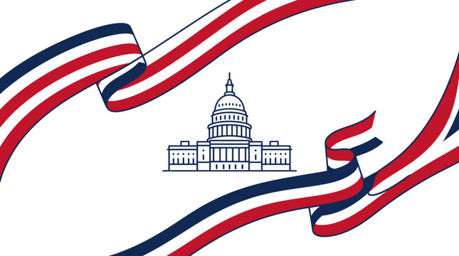 US Capitol building icon with elegant red blue ribbon banner.