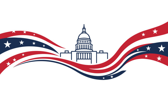 US Capitol building centered with flowing star-spangled patriotic ribbons.