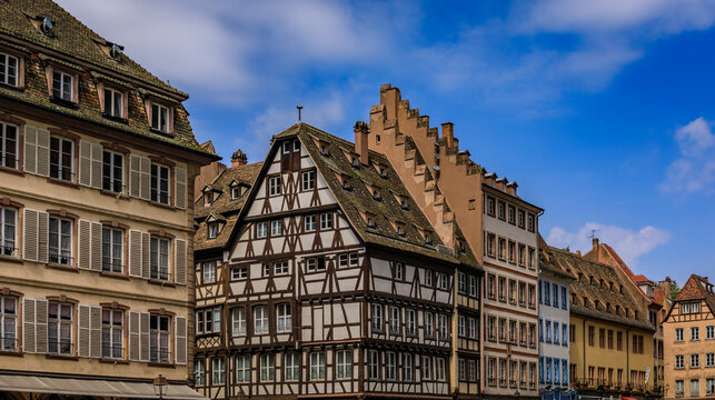 Ornate half timbered houses on historic Grande Ile in Strasbourg, Alsace, France