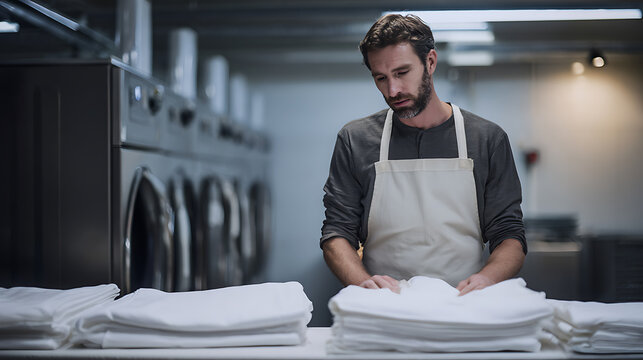 Diligent male employee in an apron meticulously fold clean, white towels in a professional commercial laundry facility with rows of machines