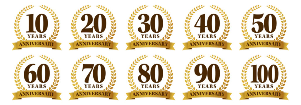 アニバーサリーのロゴ「10周年、20周年、30周年、40周年、50周年、60周年、70周年、80周年、90周年、100周年」Anniversary Badge Set 10 to 100 Years Gold Premium Design
