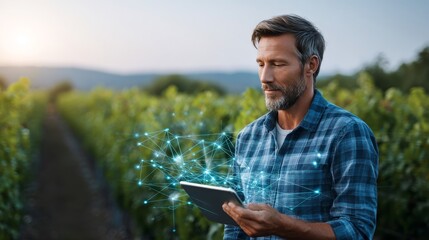 Fototapeta premium Confident farmer using digital tablet with futuristic network graphics in lush vineyard at sunset. Modern agriculture technology, smart farming concepts are transforming rural landscapes worldwide