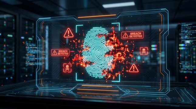 Digital security system displays biometric fingerprint data breach in modern server room scenario representing cyberattack