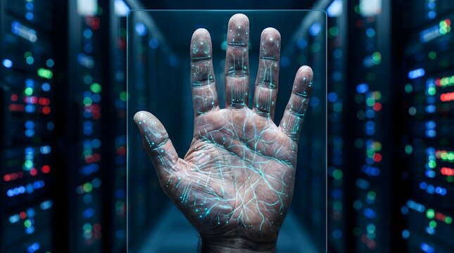 A person hand with glowing digital lines performs a biometric scan in a secure data center environment
