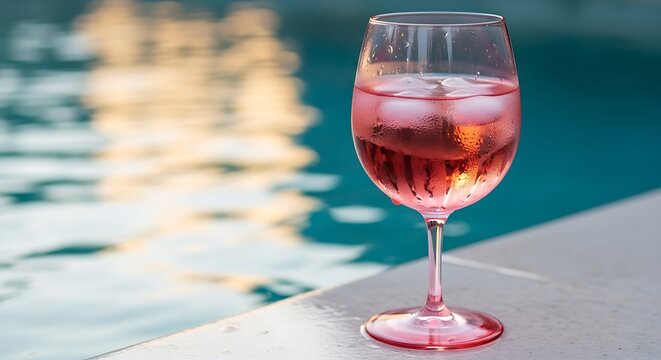 Glass wine with pink liquid and ice cubes on poolside table by the water featuring outdoor, summer, refreshing with relaxation and vacation elements