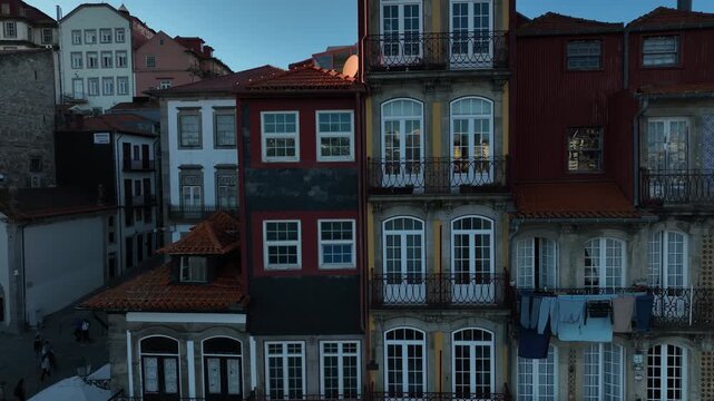Cinematic View of Famous Historic Building Facades in Porto Portugal
