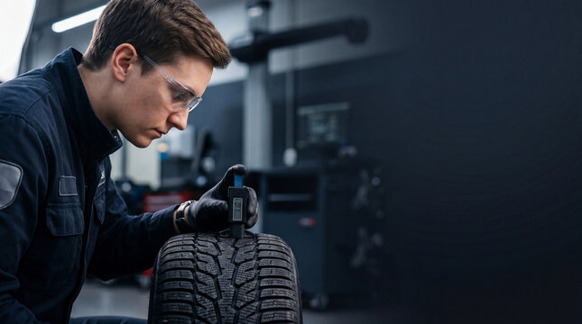 Man mechanic using digital depth gauge to measure tread wear of car tire in workshop. Tire service technician inspecting vehicle wheel for safety and maintenance. Professional automotive repair.