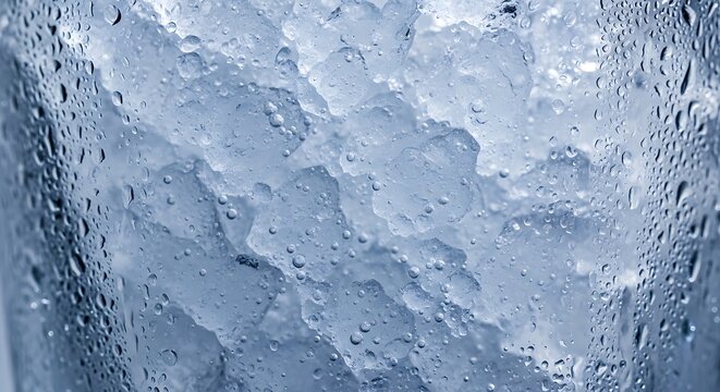 Ice cubes texture with water drops and condensation, clear realistic cold background close-up, perfect for cooling, refreshing, and beverage concepts.