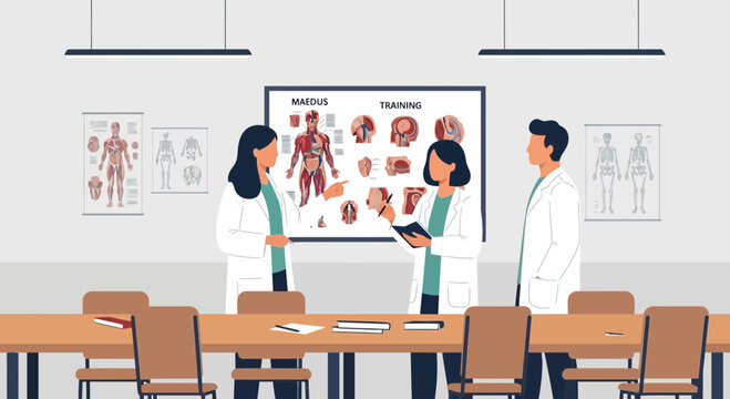 Medical professionals discussing anatomy in a modern conference room with anatomical charts